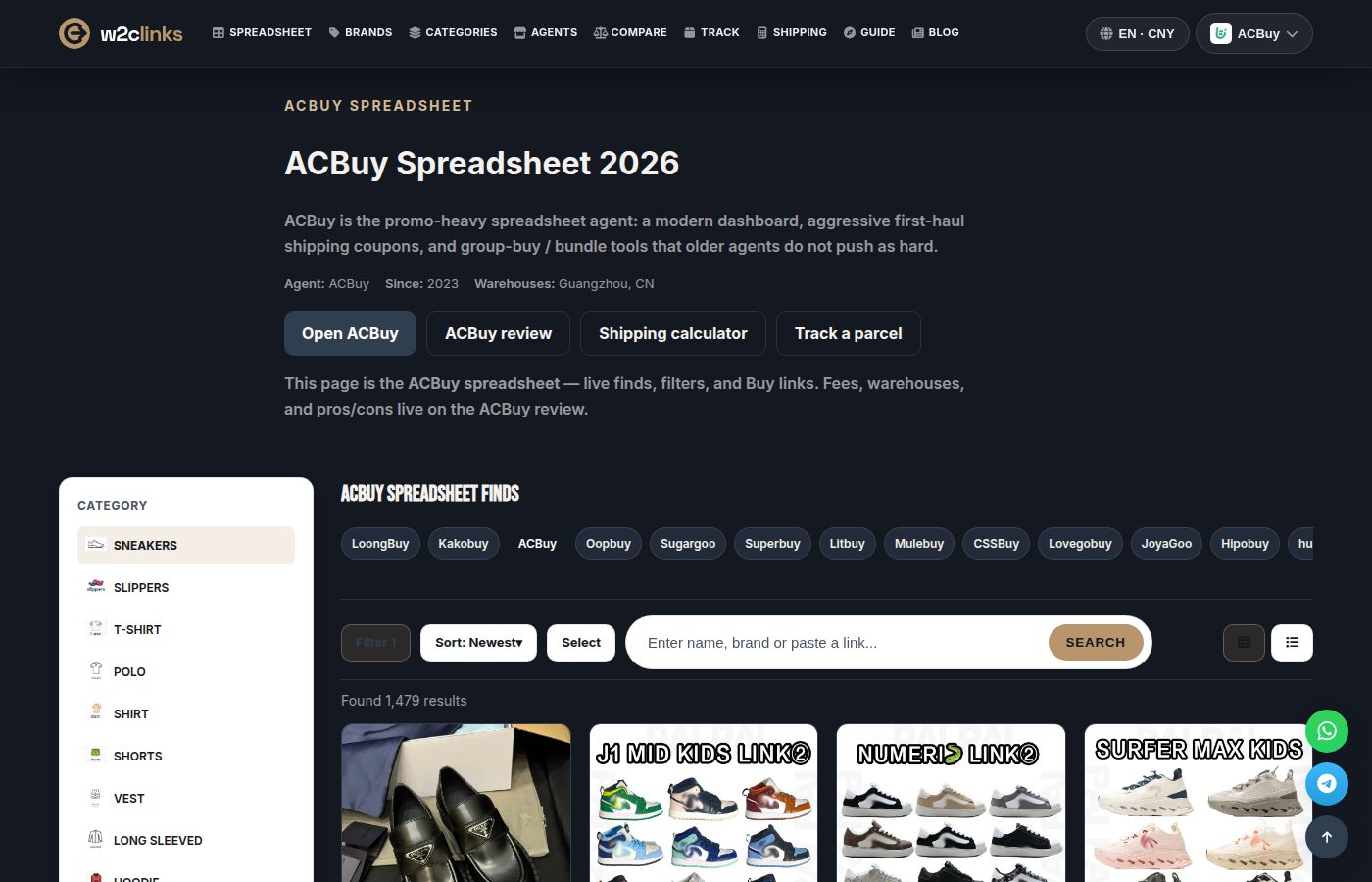 ACBuy-catalogus op w2clinks: productkaarten met foto, merk en referentieprijs