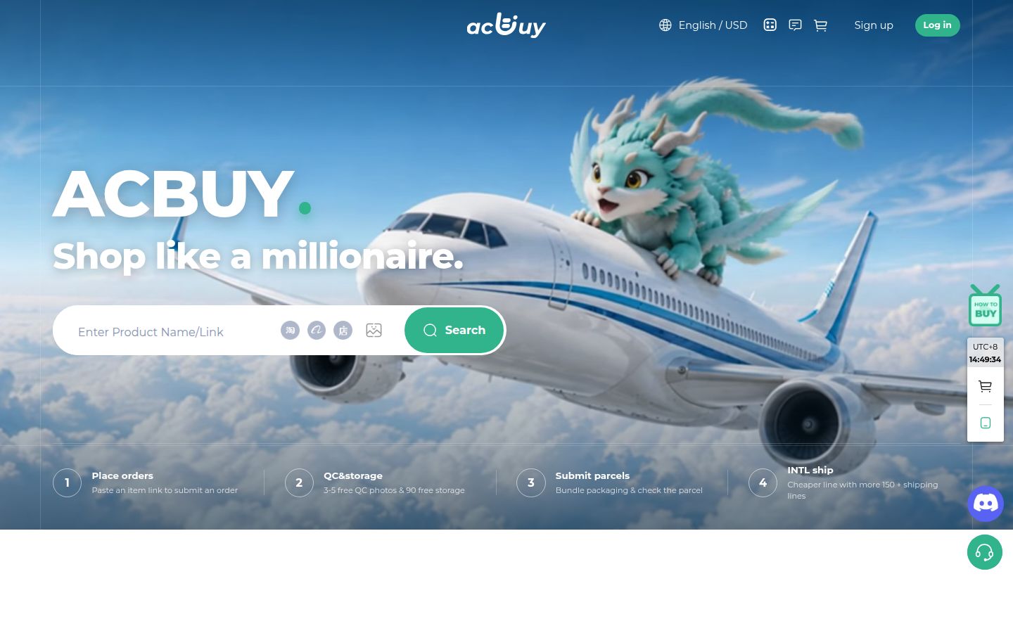 Officiële ACBuy-homepage met zoekbalk, vliegtuigbanner en vier stappen: Place orders, QC&storage, Submit parcels, INTL ship