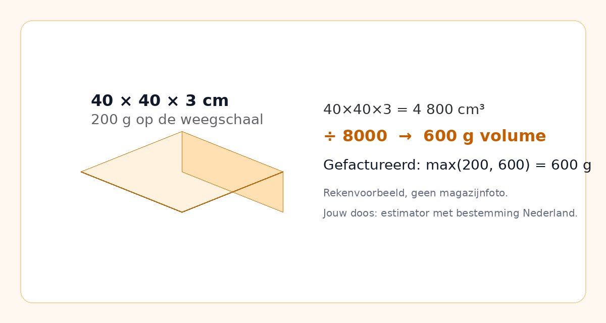 Rekenvoorbeeld volumgewicht: 40×40×3 cm en 200 g weegschaal wordt 600 g volume